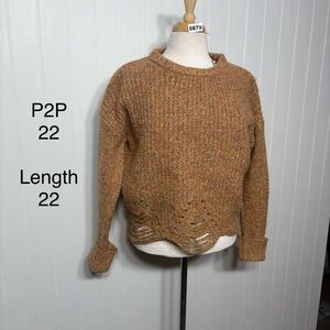 Tan Marled‎ Distressed Cropped Knit Sweater Scalloped Hem Long Sleeve M/L
